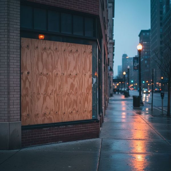 boarded up business window