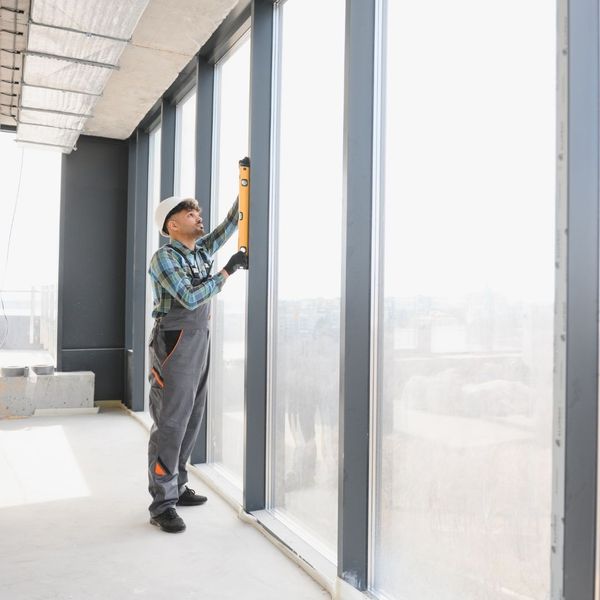 Construction worker in a hard hat and overalls using a level to precisely install a large commercial window panel in a building under construction.