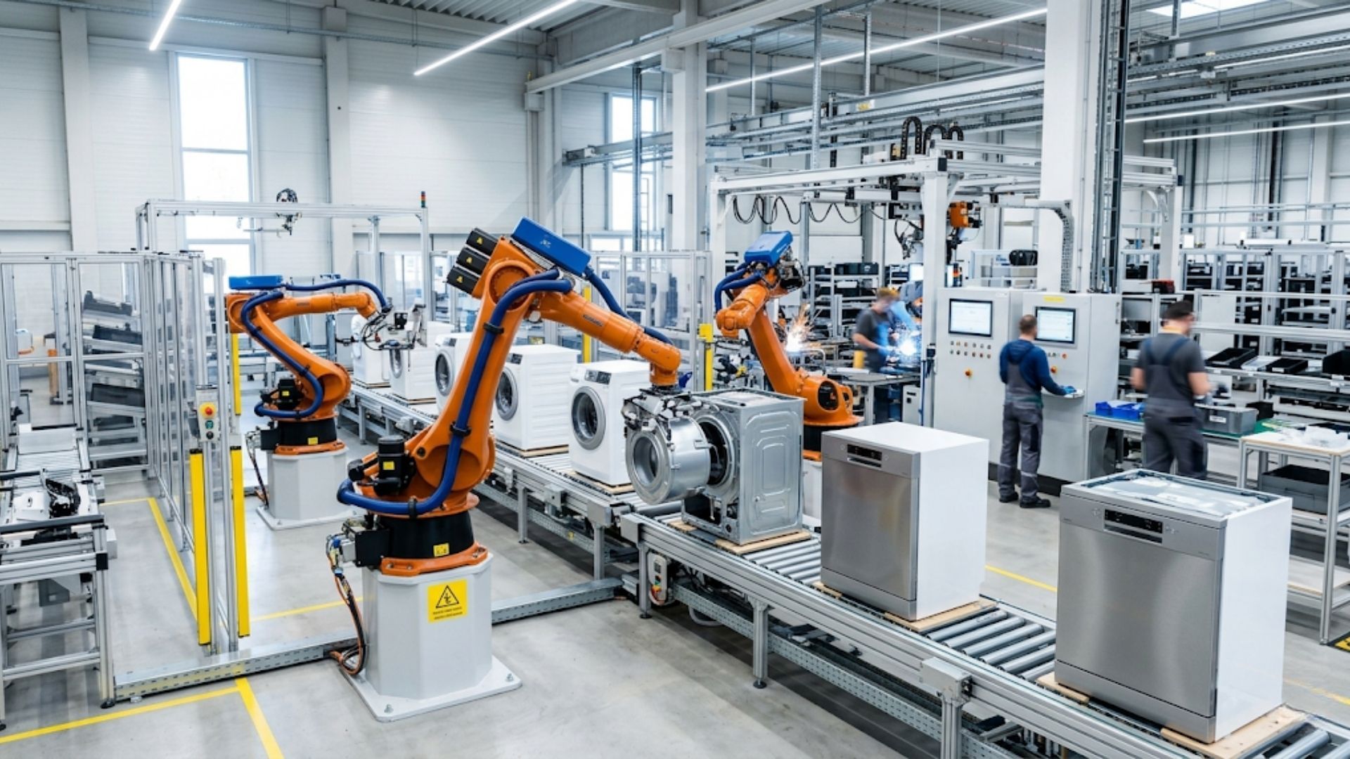 Modern factory floor with automated robotic arms assembling high-quality appliances.