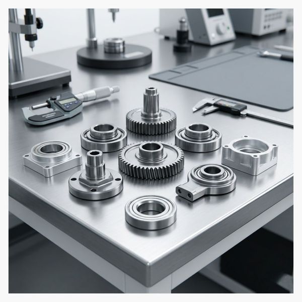 Flawlessly manufactured metal components resting on an industrial testing station.