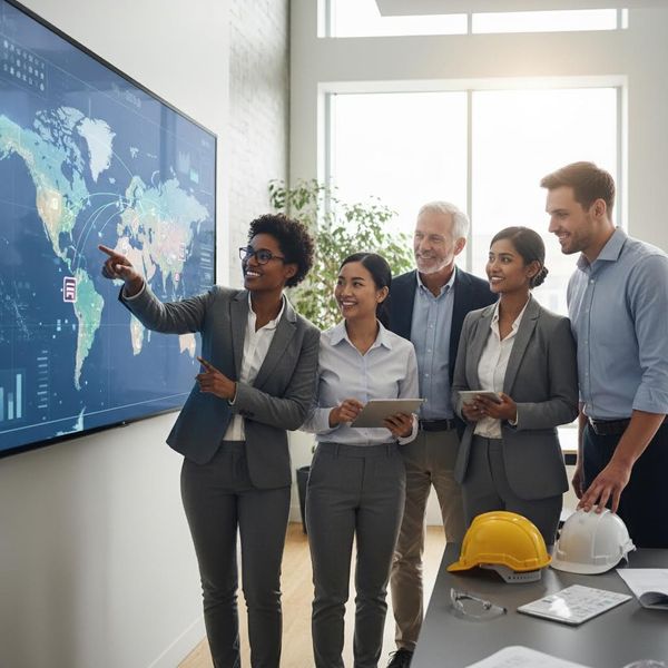 A diverse team of manufacturing professionals in a modern office looking at a large interactive screen showing logistics maps. Collaborative and optimistic.