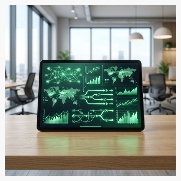 Tablet displaying digital supply chain analytics and positive data performance charts.