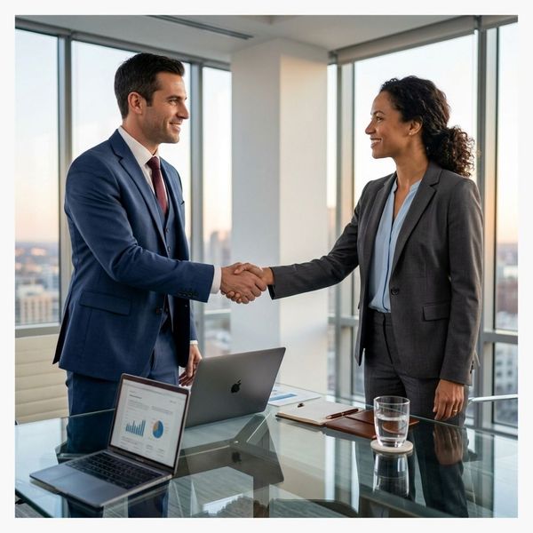 Professionals shaking hands confidently across a desk highlighting strong collaboration.
