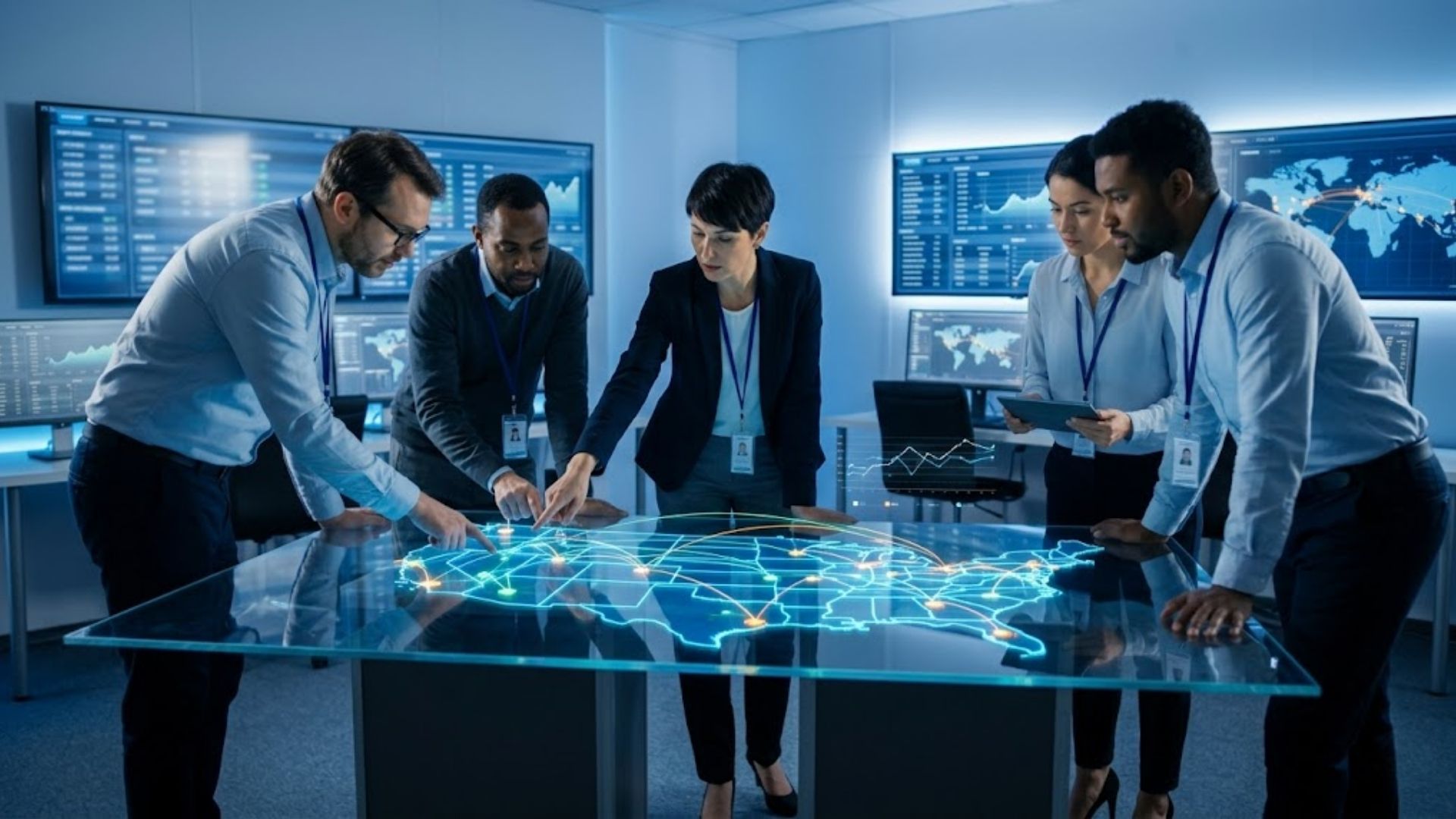 supply chain professionals in a high-tech operations center, collaborating around a large transparent digital display showing glowing nodes and connections across a map of the United States