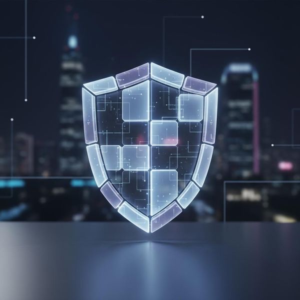 A digital "shield" symbol made of interlocking transparent data blocks. Minimalist, high-trust, and secure aesthetic.