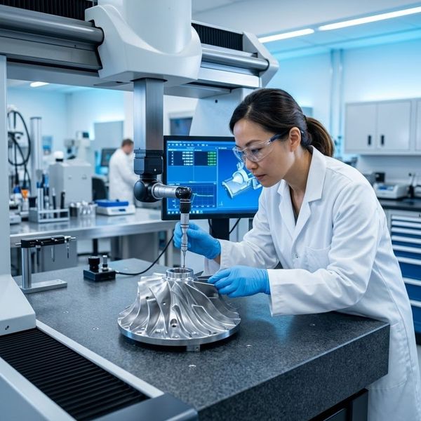 A quality control inspector in a white lab coat meticulously examines a complex manufactured metal part using advanced metrology equipment inside a clean, modern laboratory