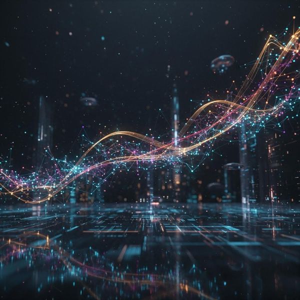 A sophisticated 3D data visualization of glowing network nodes and trend lines. Abstract, futuristic, and focused on foresight and technology.