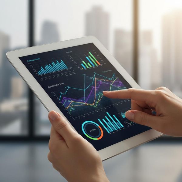 A close-up of a hand using a sleek tablet displaying live, colorful market demand graphs and data charts