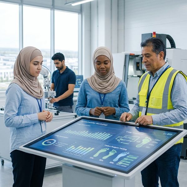 employees looking at a large screen