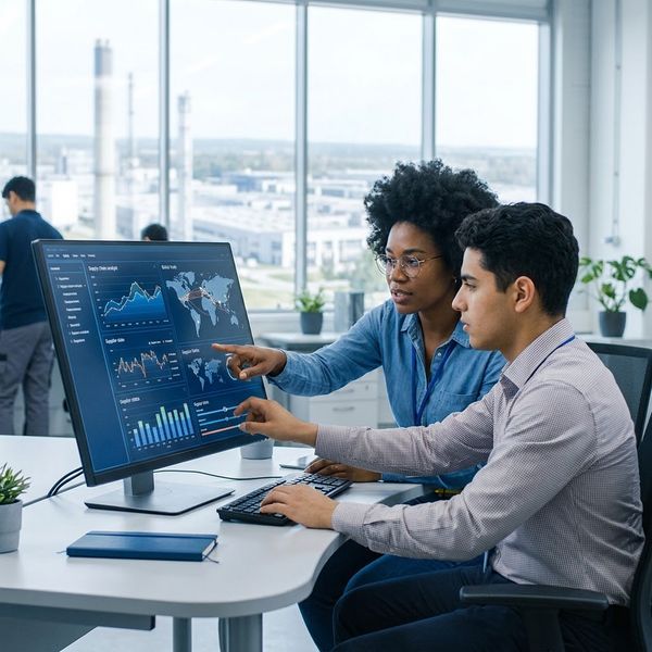 two employees on a computer