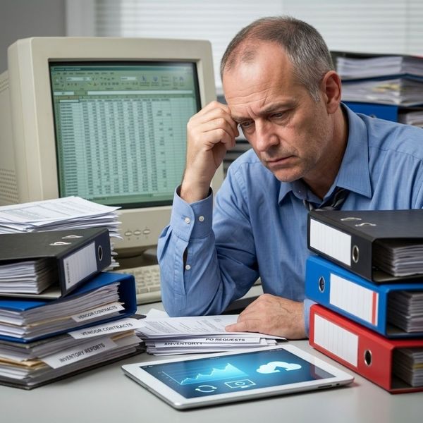 a procurement manager looking stressed, surrounded by stacked paper binders, and an old computer monitor showing complex spreadsheet data