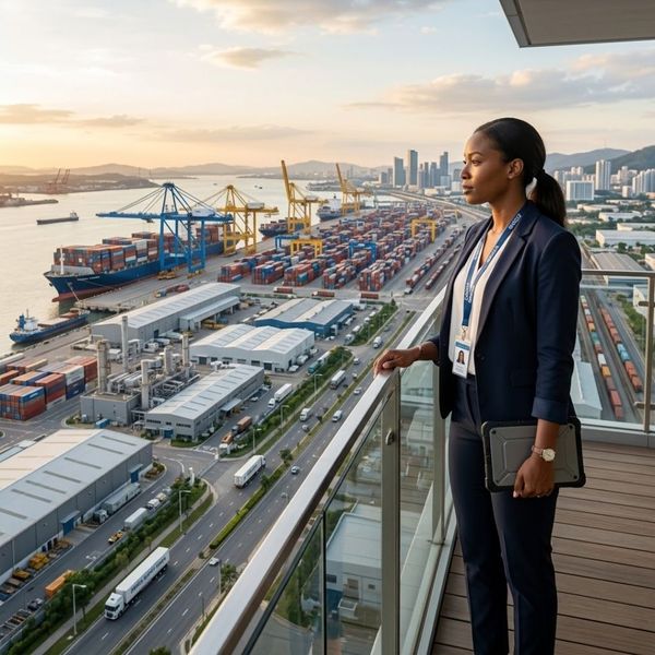 A logistics professional stands on a high observation balcony overlooking a vast domestic manufacturing park and a busy container shipping port
