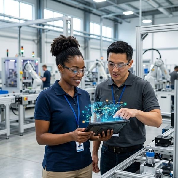 Two diverse supply chain professionals stand in a modern manufacturing factory while collaborating over a rugged tablet displaying glowing digital supply network visualizations
