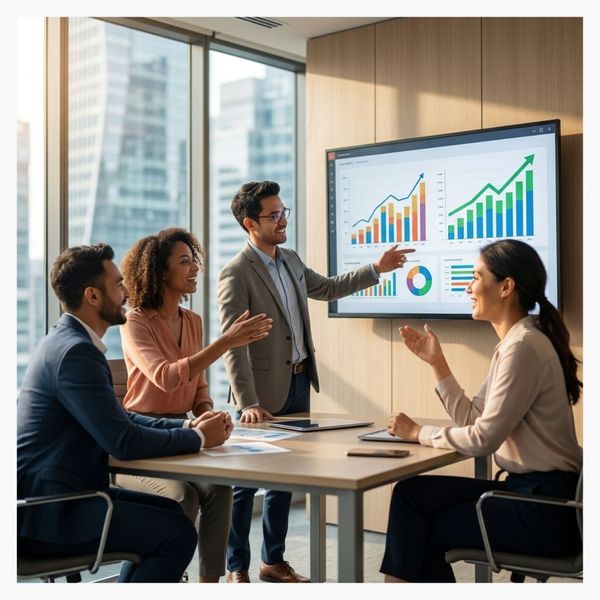 Team reviewing a digital presentation with positive growth charts in a meeting room.