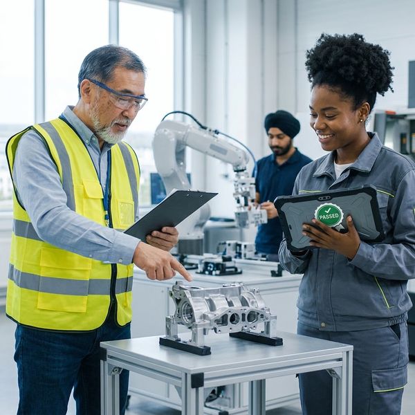 employees looking at a new product