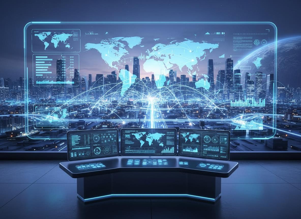 A high-tech digital dashboard overlooking a glowing global supply chain network