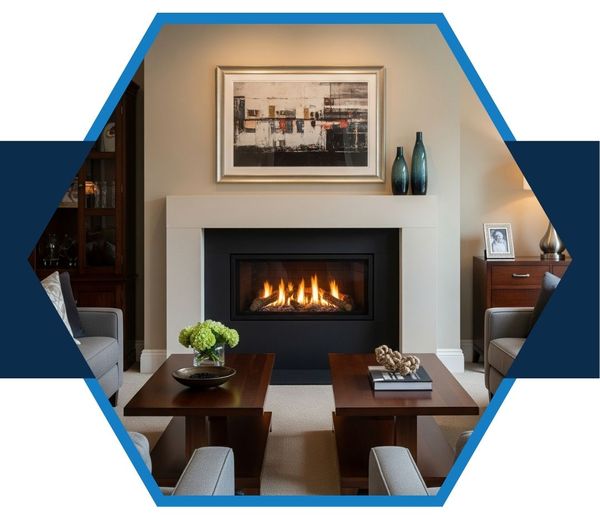 A beautifully installed modern gas fireplace with a realistic flame, creating a warm and inviting atmosphere in a living room.