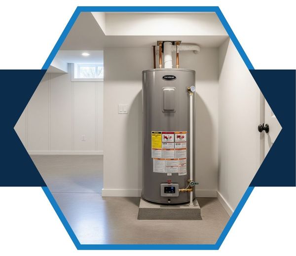 A new, high-efficiency hot water heater professionally installed in a clean and organized residential utility space.