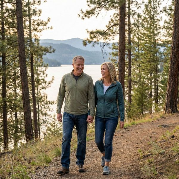 Happy couple walking on a Coeur d'Alene nature trail enjoying an active lifestyle and long-term wellness