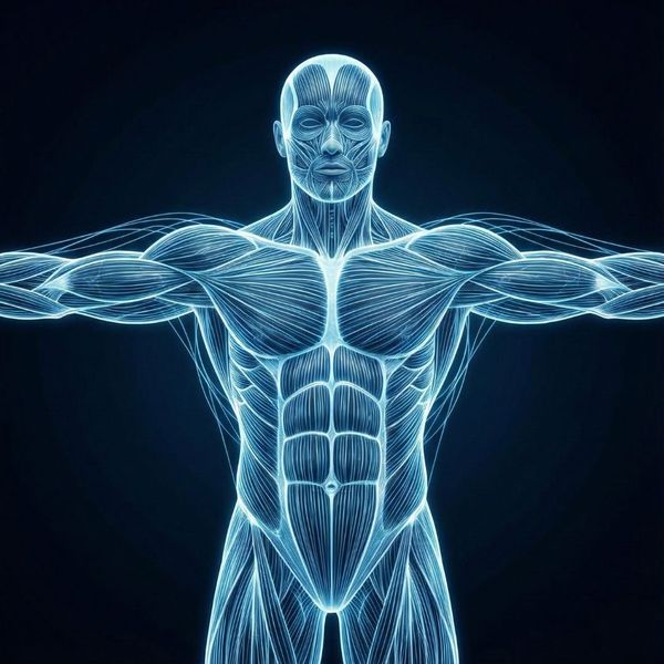 Conceptual illustration of human muscle system highlighting biotensegrity and myofascial release therapy connections