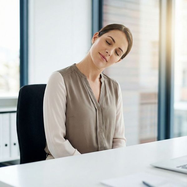 Office worker stretching neck at desk finding relief from daily strain through myofascial treatment