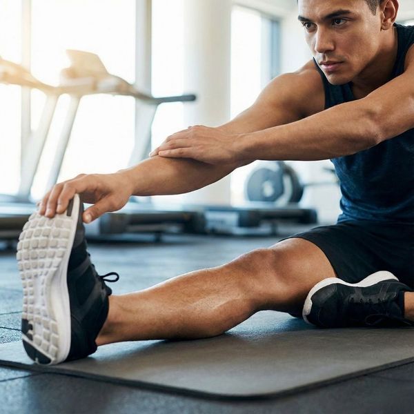 Athlete stretching leg muscles in a gym to demonstrate improved range of motion