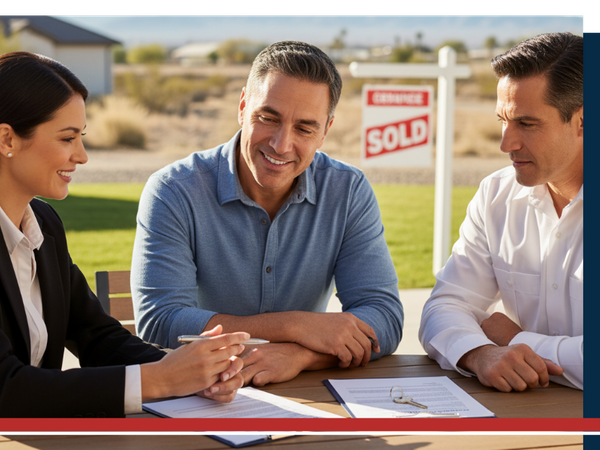 a real estate agent and a homebuyer (or a technician and a homeowner) reviewing documents related to a home