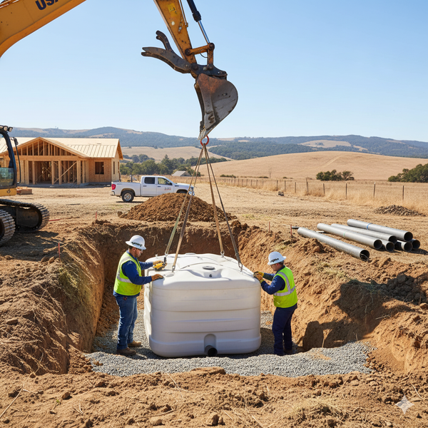 Two construction workers in hard hats and safety vests carefully guide a large white septic tank into an excavated trench on a sunny construction site. A yellow excavator boom lowers the tank using straps, with a partially built house frame, a white pickup truck, and rolling hills in the background, illustrating a new septic system installation. Precision Septic System Installation.