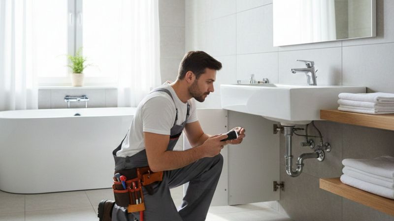 A professional plumber inspecting a clean residential bathroom with natural lighting.