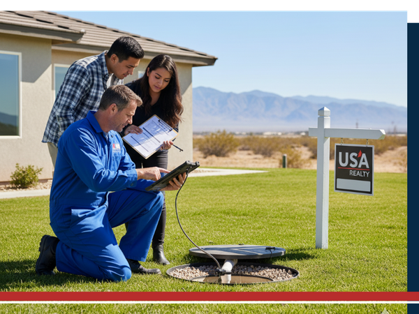 real estate agent and a potential homebuyer observing a septic system inspection