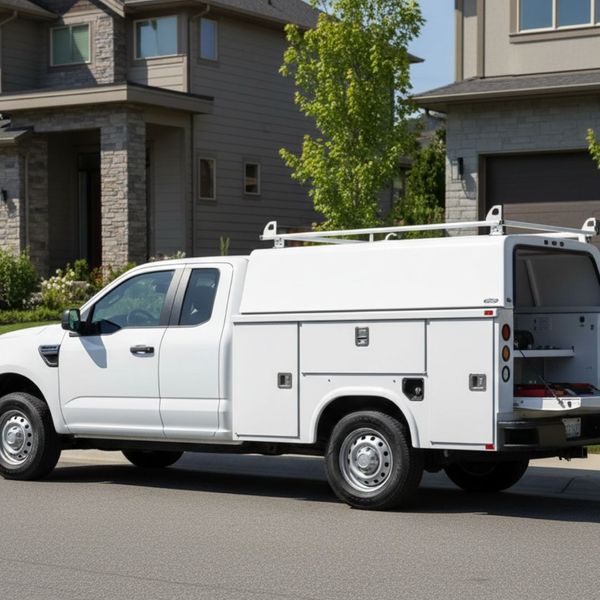 A professional service truck parked neatly on a suburban street near a clean, manicured residential lawn during the day.
