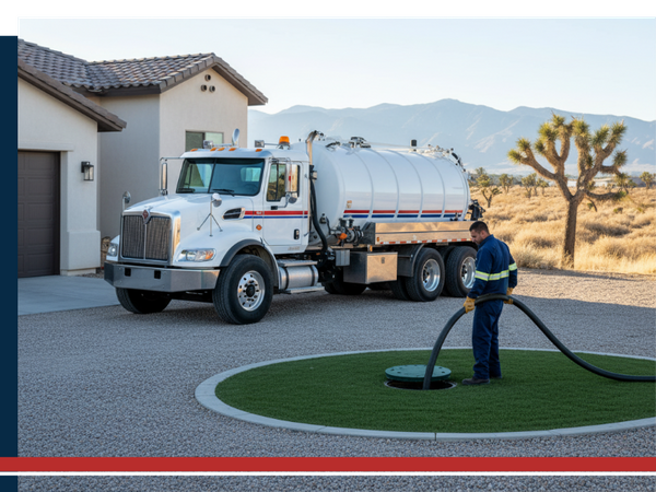 A professional septic technician in a blue uniform operating a vacuum hose from a large white septic pumping truck, connected to a septic tank access point in a residential yard