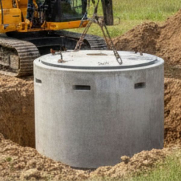 Close-up of a high-quality concrete septic tank being carefully positioned into a clean excavation site by professional equipment.