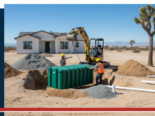 Construction workers in hard hats and vests guiding a large white septic tank into an excavated pit using a small excavator at a new home construction site