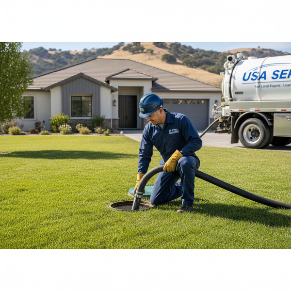 A USA Septic technician in a blue uniform, hard hat, and safety glasses kneels on a vibrant green lawn, expertly guiding a large hose into a septic tank access point. In the background, a residential house and a USA Septic truck are visible under a clear, sunny sky, emphasizing professional on-site service. Expert Septic Pumping to Prevent Backups.