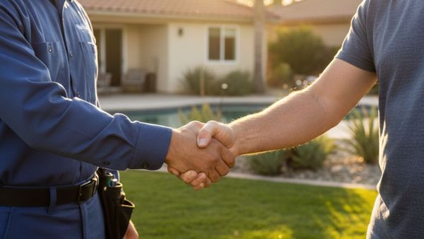 A professional technician shakes hands with a homeowner in a sunny California residential yard