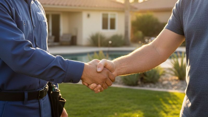 A professional technician shakes hands with a homeowner in a sunny California residential yard