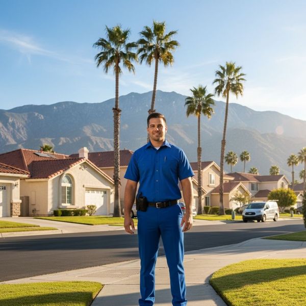 A professional service person in a plain blue uniform standing in a suburban neighborhood with palm trees and mountains in the background.