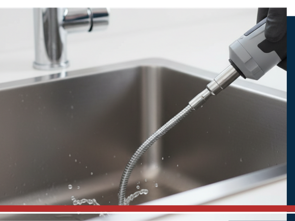 a gloved hand holds a modern drain cleaning tool, inserting its flexible cable into the drain of a clean stainless steel kitchen sink