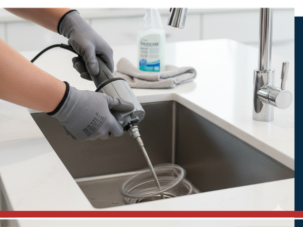 a technician actively using a professional drain snake in a kitchen sink