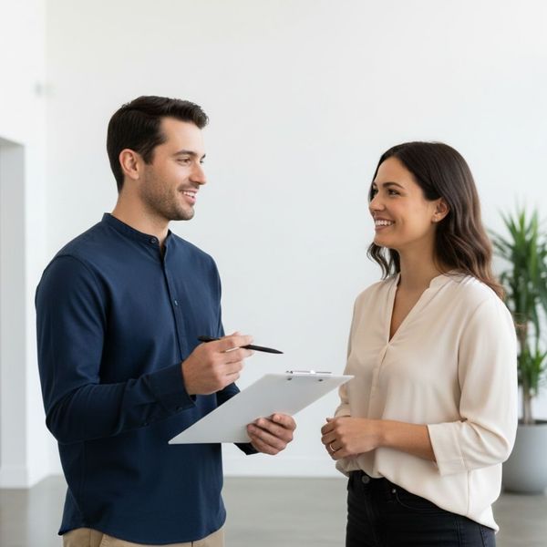 A professional holding a clipboard and pen while speaking with a client