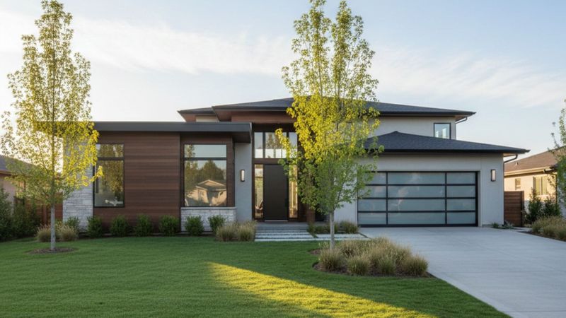 Professional wide shot of a modern residential property landscape with lush green grass and a clean driveway under natural daylight.