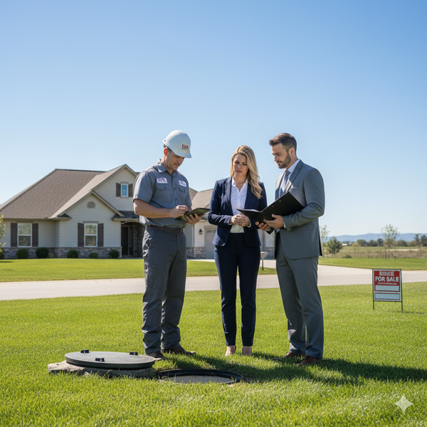 A USA Septic technician in uniform and hard hat stands on a green lawn, reviewing documents on a tablet with a professional real estate agent couple. A "For Sale" sign is visible nearby, indicating a property transaction. A modern house is in the background under a clear blue sky, illustrating the septic certification process for real estate. Thorough Septic Certification for Real Estate.