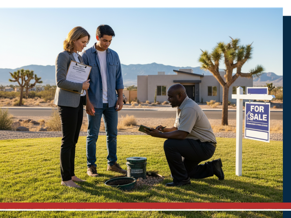 A real estate agent and a potential homebuyer observing a septic system inspection by a technician who is kneeling by an open septic tank access point in a residential lawn