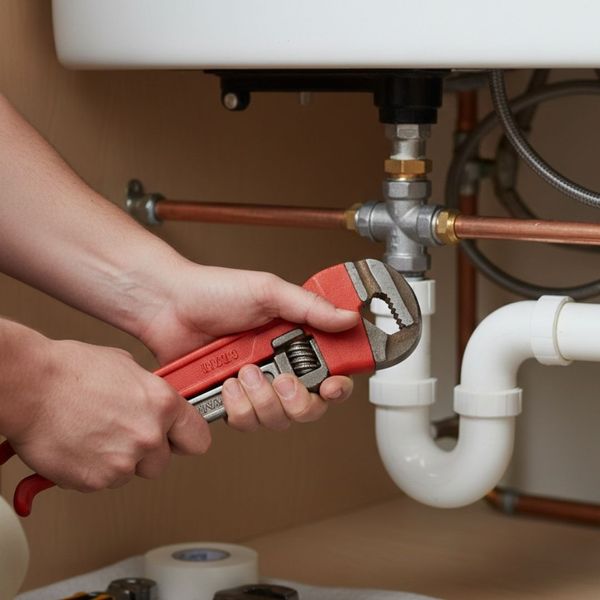 An expert's hands are using professional plumbing tools on a household pipe