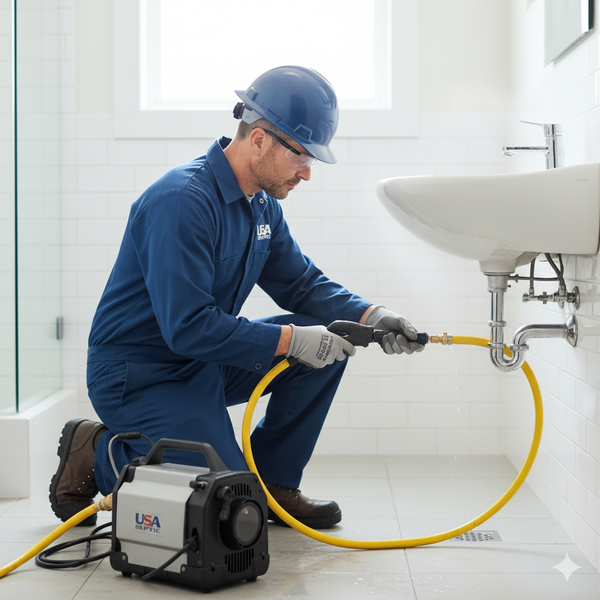 A USA Septic technician in a blue uniform, hard hat, and safety glasses kneels in a clean, modern bathroom, using a high-pressure water jetting tool to clear a drain under a sink. A portable USA Septic drain cleaning machine is on the floor, and water is visible indicating active work. Comprehensive Drain Cleaning and Maintenance