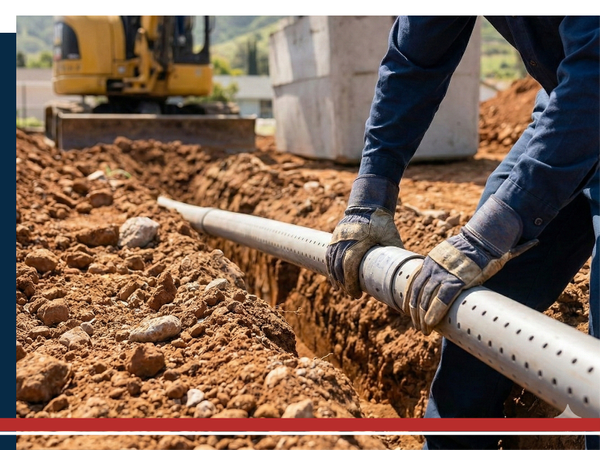 Septic tank pipes being installed.