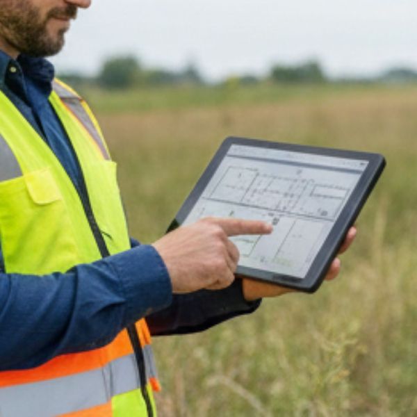 A professional technician in a safety vest reviewing architectural site plans on a digital tablet in an outdoor field.