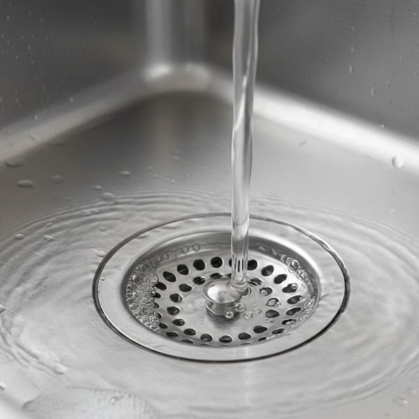 Close-up of clear water flowing smoothly into a kitchen drain. No logos or text is visible.