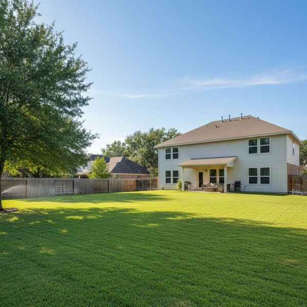 A lush green residential backyard lawn during a sunny afternoon.